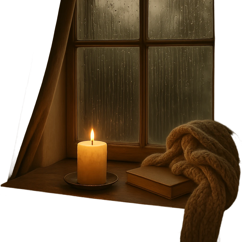 Remove the background, keep the window with rain outside and a candle on the sill, cozy mood, transparent background. emoji