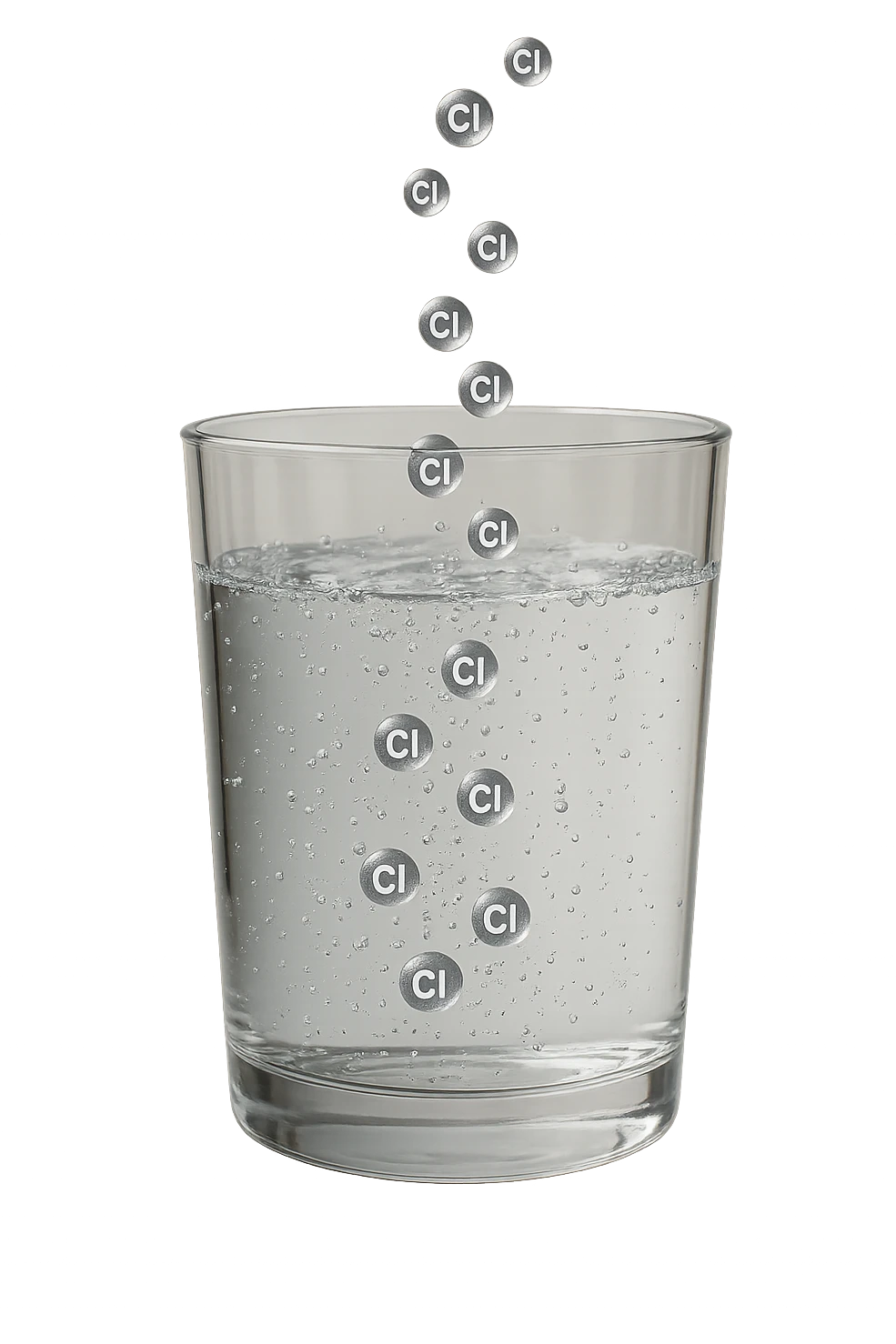 un bicchiere di acqua fluttua in aria realistico e dettagliato, dentro l'acqua del bicchiere ci sono particelle di cloro ben visibili con la scritta "Cl" sopra, ci sono particelle anche che escono dal bicchiere e fluttuan
o in aria verticalmente, mentre alcune sono all'interno dell'acqua nel bicchiere, iperrealistico 4k emoji