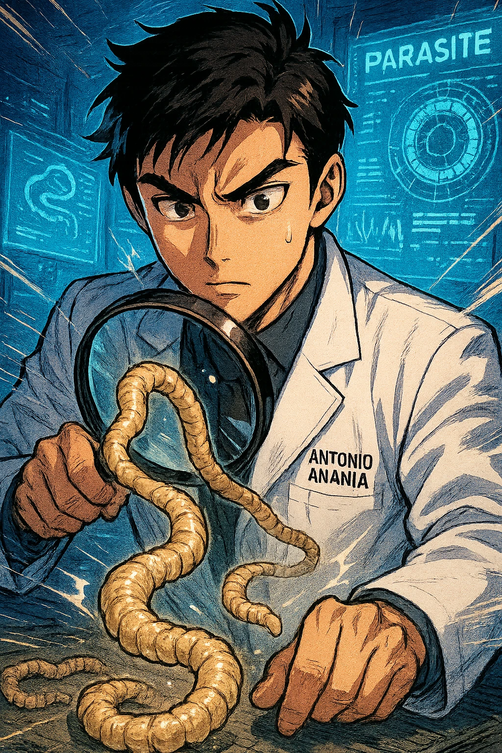 A dynamic manga/webtoon-style illustration of a young male kinesiologist wearing a clean white lab coat, analyzing light beige worms like a tapeworm under a magnifying glass. His expression is focused and slightly intrigued, with sharp, detailed eyes. The art style is vibrant, with bold linework, rich colors, and dramatic lighting. The background is a futuristic laboratory with glowing holographic screens displaying parasite data. The tapeworm is intricately drawn, slimy and segmented, with a slightly exaggerated yet realistic texture. The composition is dynamic, with motion lines or energy effects to emphasize his scientific investigation. The atmosphere is intense but not dark, keeping a balance between scientific seriousness and stylish manga aesthetics, he has "ANTONIO ANANIA" WRITTEN ON WHITE LAB COAT emoji