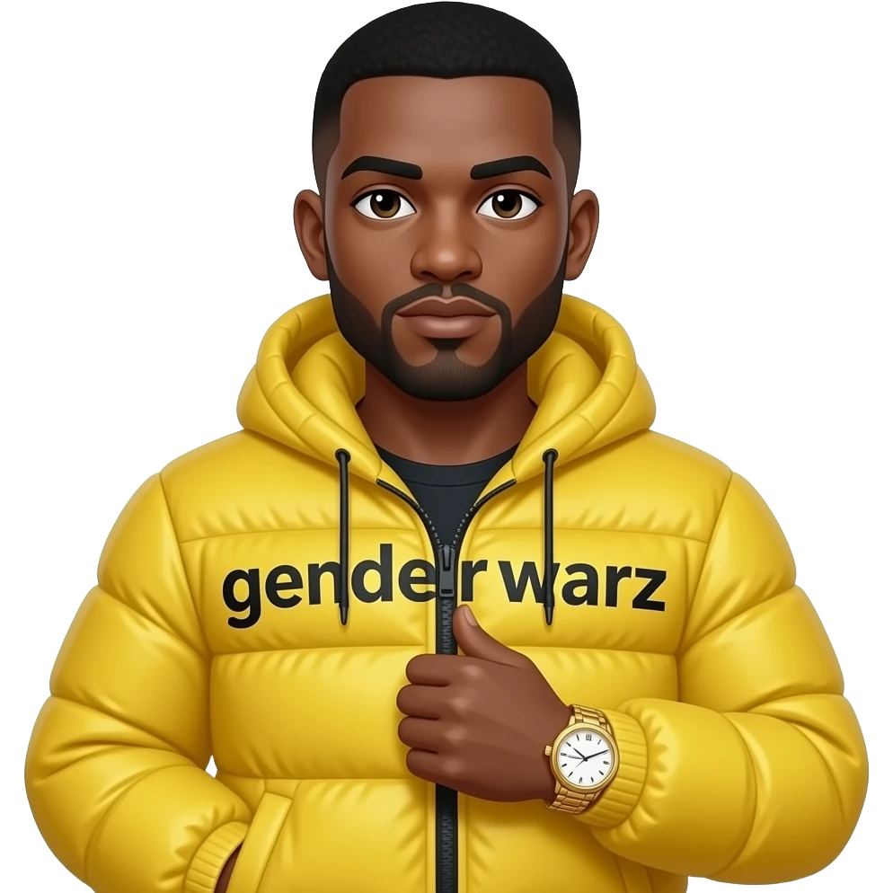 Black guy named Stackpack puffy jacket that says gender warz on it. Gold watch emoji