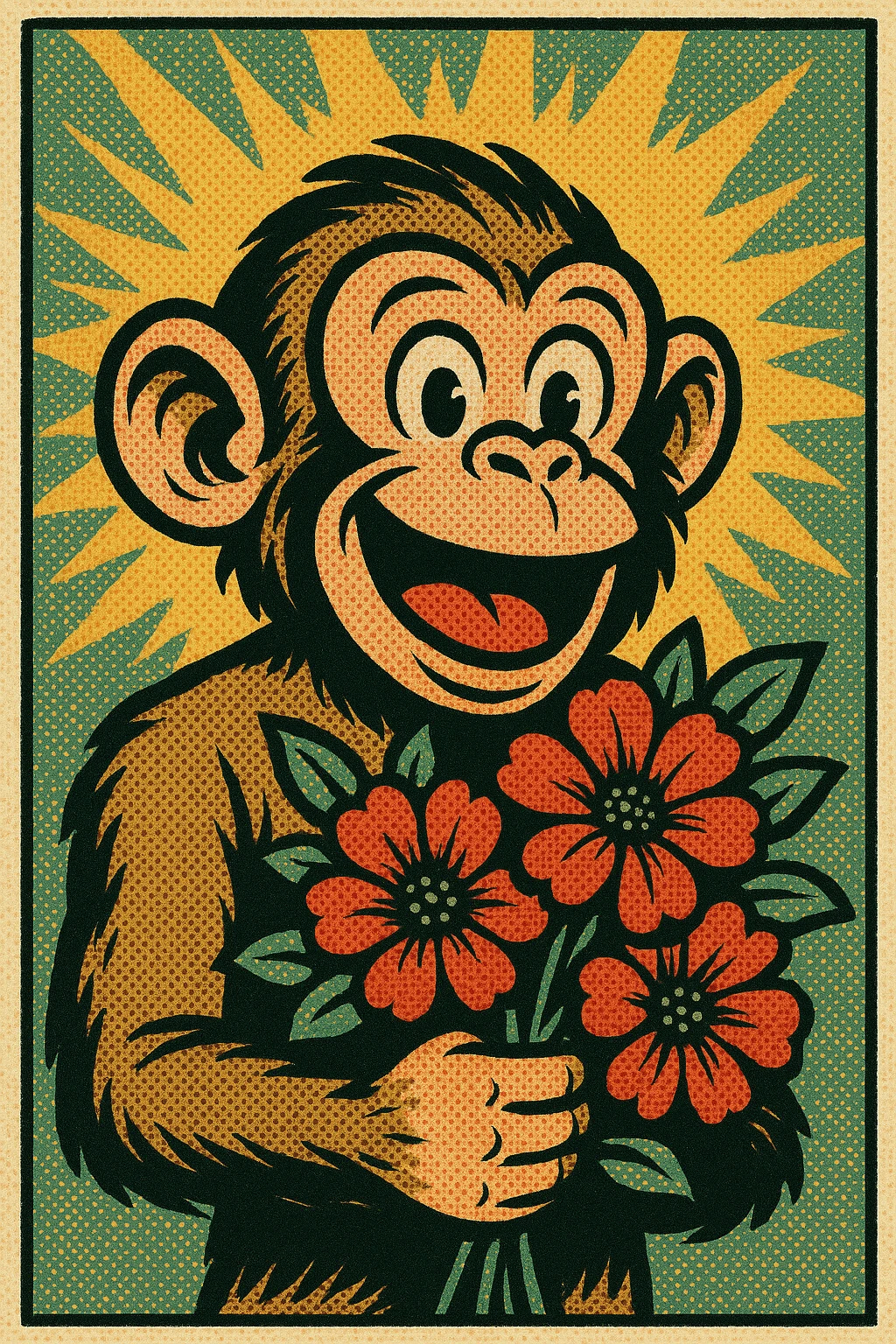 front view,  monkey with flowers, bust up emoji