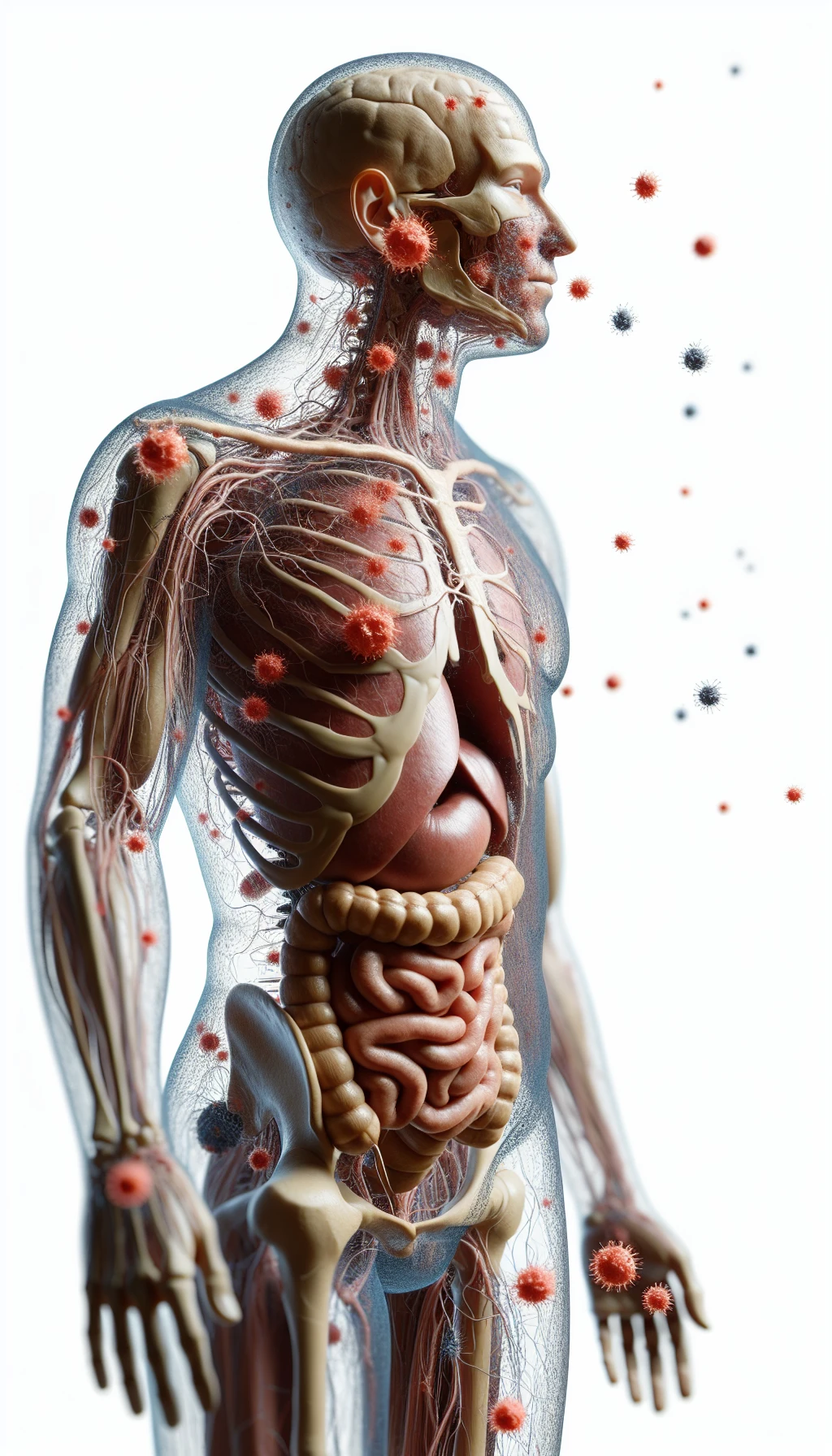 corpo umano anatomico di profilo con virus e parassiti che cercano di attaccarlo , isolato su sfondo bianco, iperrealistico 4k emoji