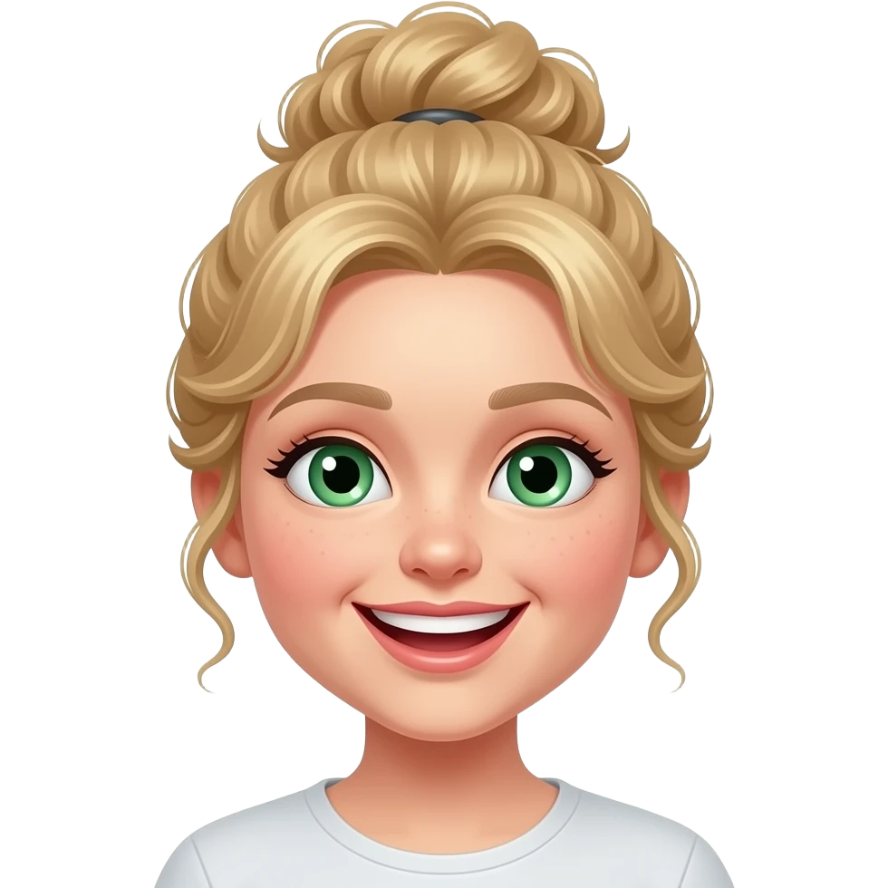 blonde girl with green eyes and curly bun giggling emoji