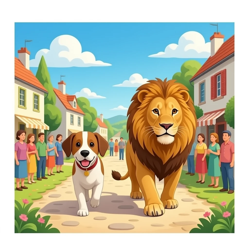 hazme un perro y un leon caminando por un pueblo con muchas personas emoji