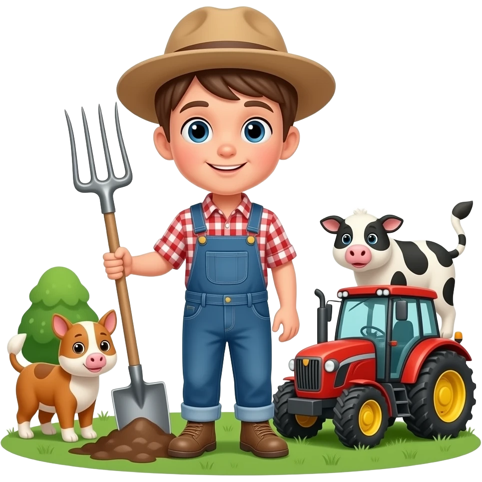 junge mit tieren und mistgabel und traktor emoji