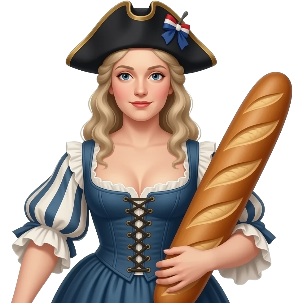 the historical French Marianne went wild in a tight corset with a large open neckline, torn dresses - with a rebellious Jacobin cap and a large French loaf emoji