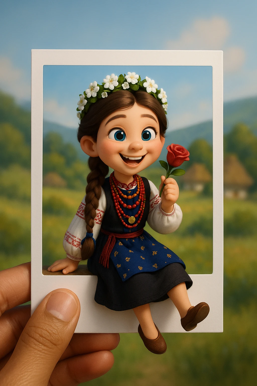 Based on the provided image, create a cute, stylised 3D character sitting playfully on the edge of a white Polaroid-style frame with one leg hanging off the edge. The character is holding a red rose and is wearing the same clothes as in the reference image.
The background is a soft, blurred landscape with a Ukrainian scenery.
The frame is held by a human hand with warm (light brown) skin tone.
The character has a happy, expressive face and Pixar-style lighting. The composition is centred, with realistic soft shadows and bright natural lighting.
Aspect ratio: 2:3. emoji