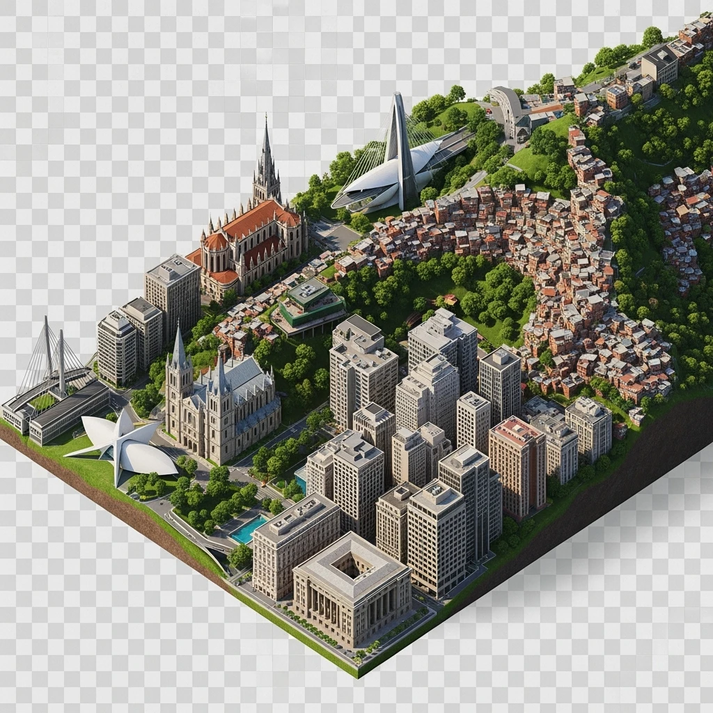 Isometric miniature of São Paulo Catedral da Sé, MASP, Octávio Frias Bridge, and Altino Arantes building, favelas on hillsides, dense chaotic urban blocks, and green parks 3D miniature effect and Tilt Shift effect, no cartoonish look, transparent background. emoji