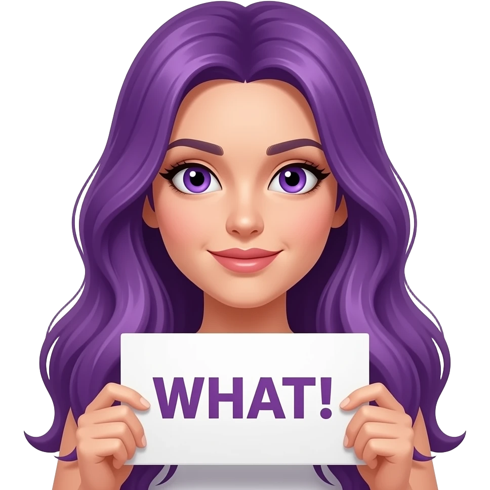 sexy girl with long purple hair and purple eyes holding a WHAT! sign emoji