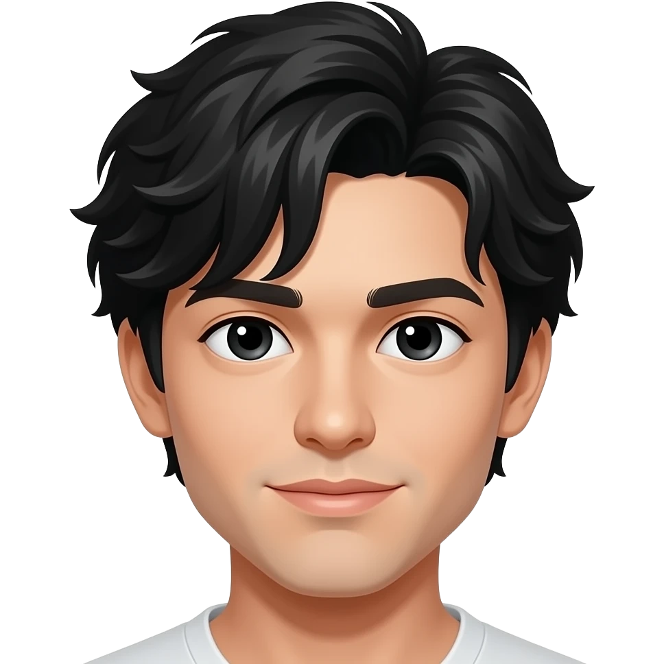 hombre blanco y cabello color negro,corto semi ondulalo que le tape la frente , y ojos negros emoji