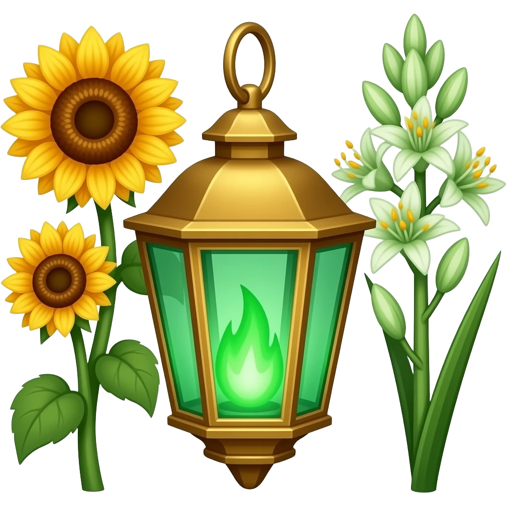 A golden hanging lantern with a bright emerald flames, an empty loop on top, fae themed sunflowers on the left and fully bloomed asphodels on the right as part of the design, but simple focus more on the green flames, paint the glass more green, have its bottom point come to some sort of point emoji