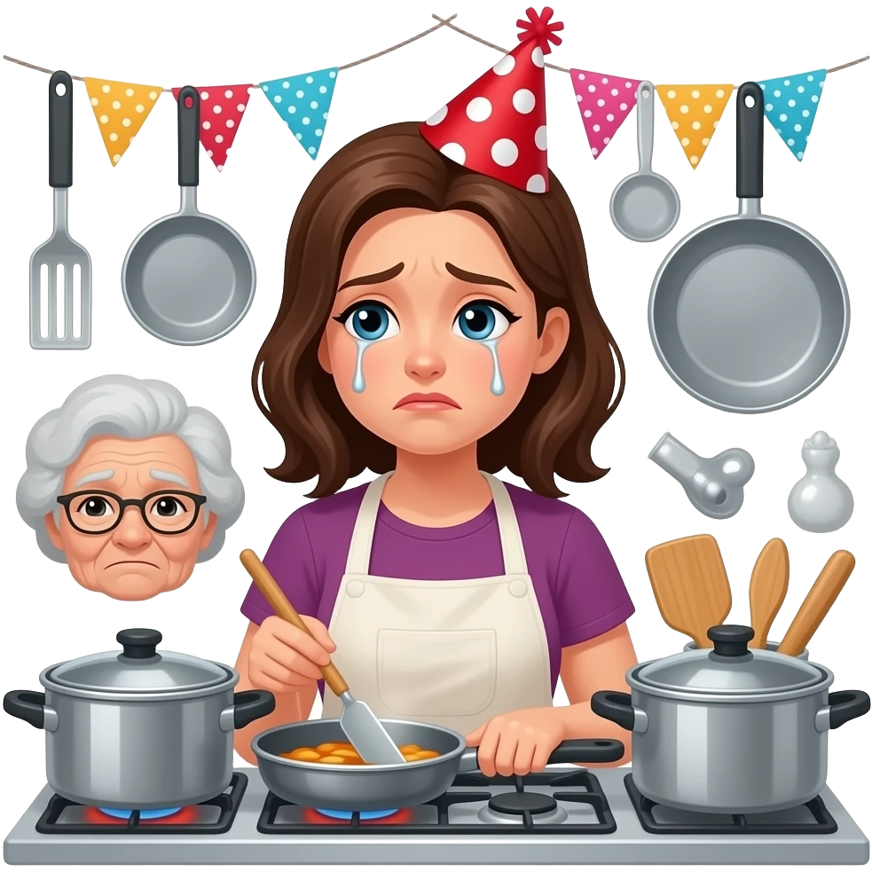 many old ladies comes of a kitty party and a young lady is tired of cooking for them emoji