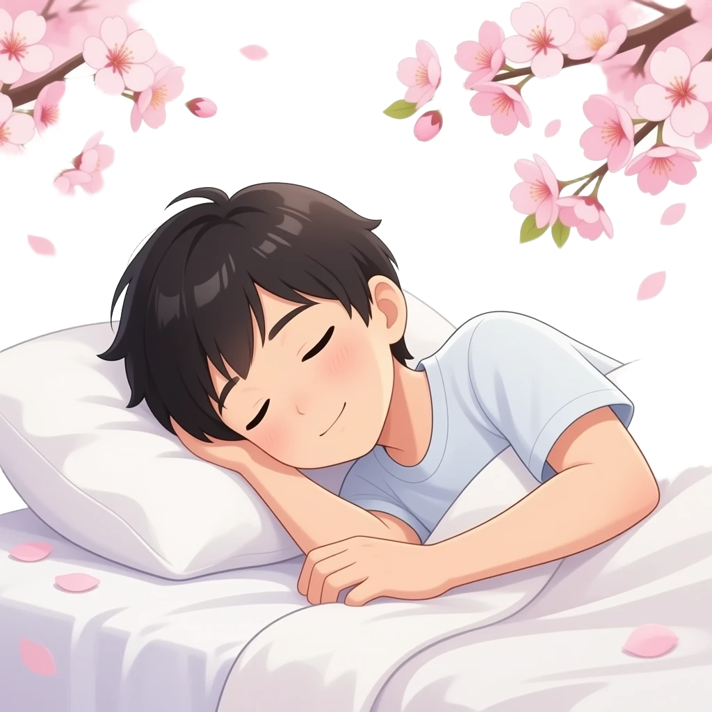 22 year old japanese boy sleeping in bed with cherry blossoms and anime in the background emoji