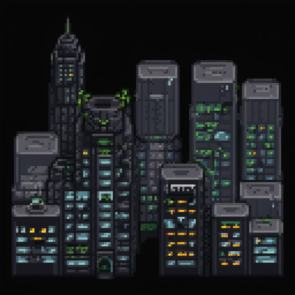 Pixel art night scene of Gotham City. Dark, moody street with a flickering lamppost, trash bins, and a few shadowy human silhouettes. Gritty atmosphere, subtle lighting, cinematic noir vibe. emoji