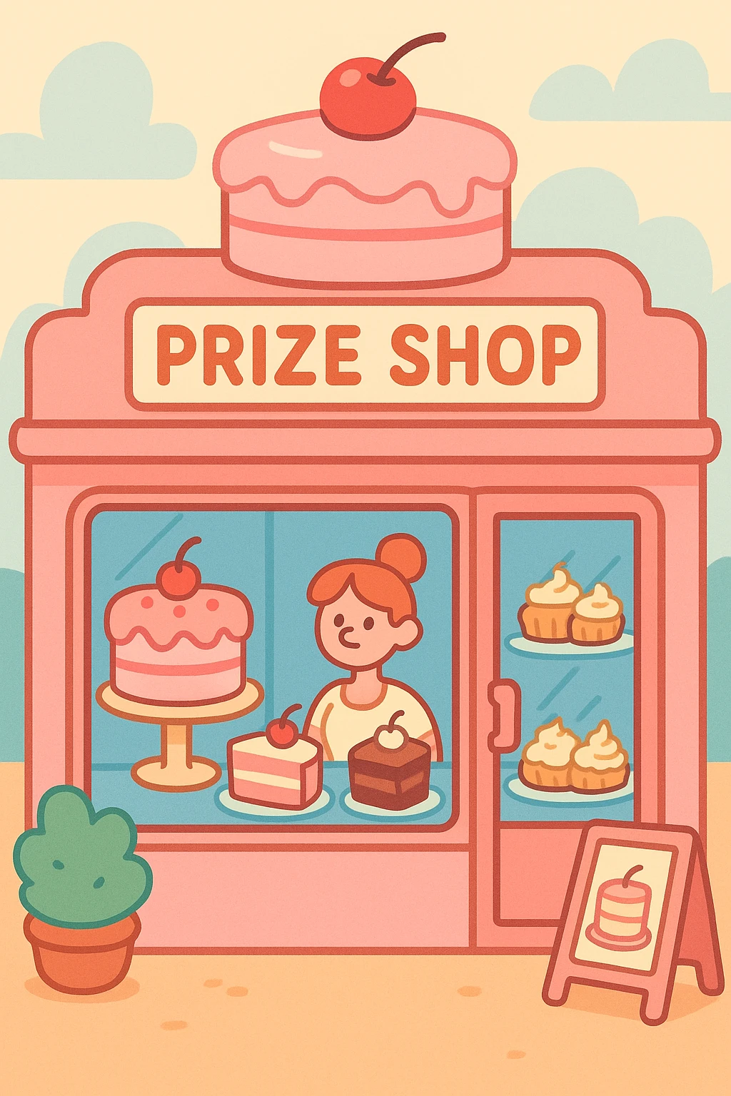 pastel pink cake bakery storefront with a large window, a sign above reading 'Prize Shop', decorated with cakes and pastries, pastel color palette, charming and cute emoji