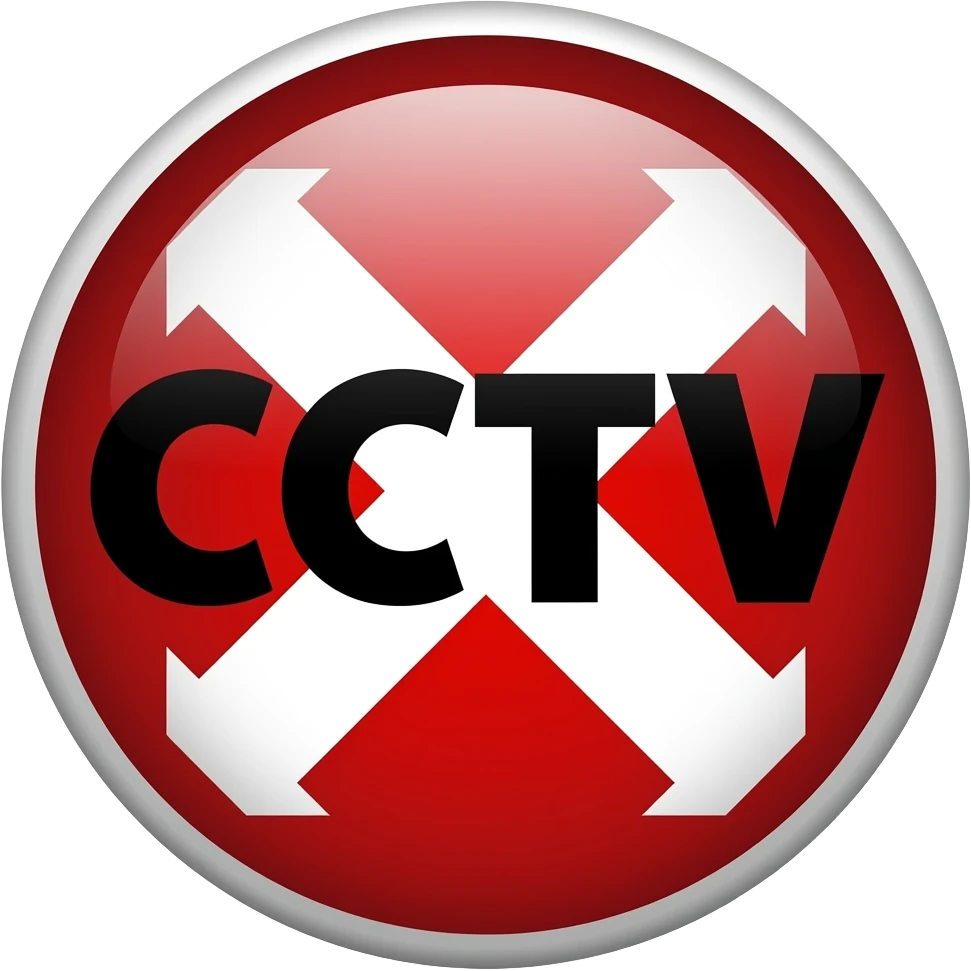 Red filled circle with white X and arrow on all end points on the X white circle in the middle. Big bold CCTV word in the centre in black emoji