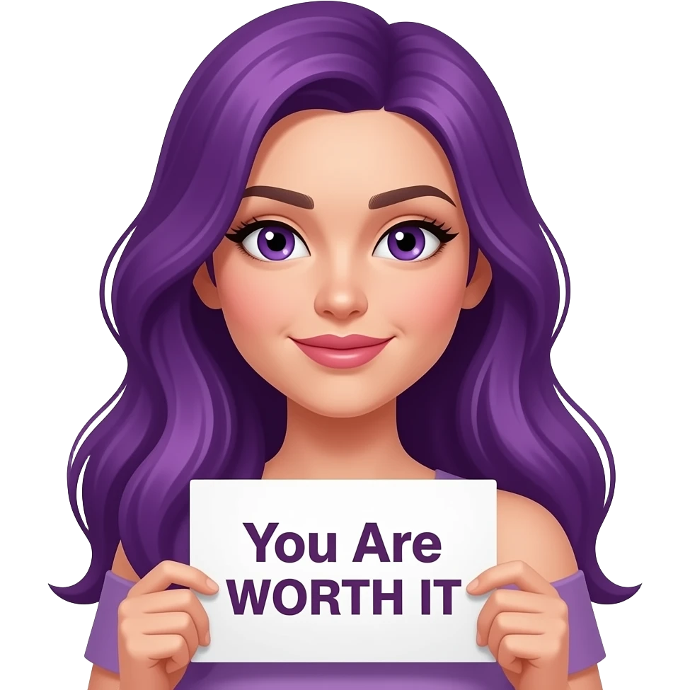 sexy girl with long purple hair and purple eyes holding a You Are WORTH IT sign emoji