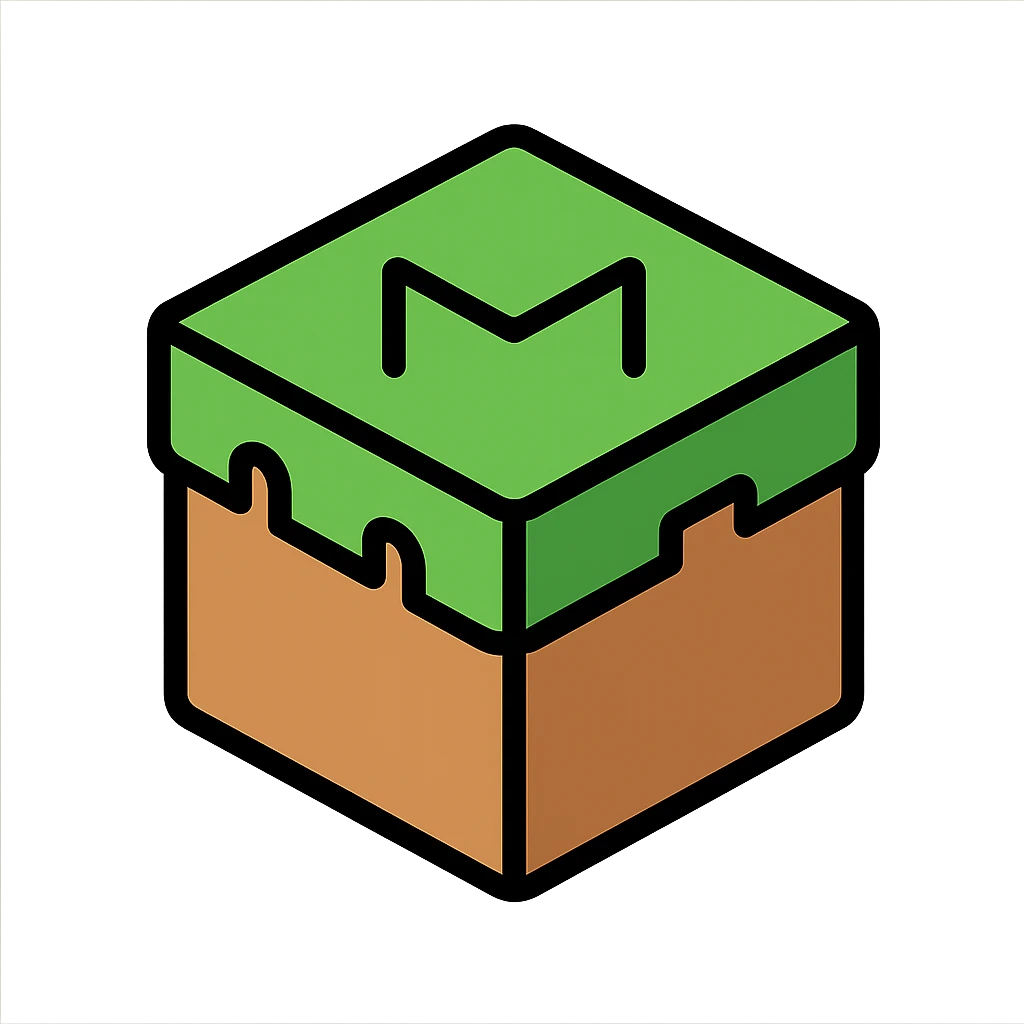 icon for a Minecraft server called Mocraft, outlined color icon, stylized grass block with a hint of an M, no text emoji