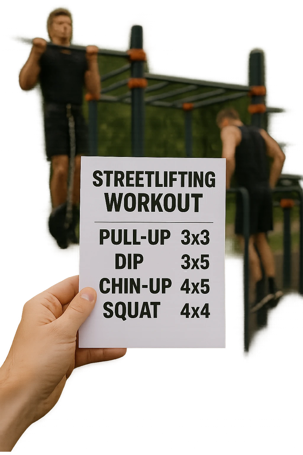 a close-up of a hand holding a printed streetlifting workout routine, with the exercises and sets written in bold text. In the background, an outdoor gym with pull-up bars, dip stations, and athletes wearing weighted belts. The lighting is natural, and the mood is motivational. emoji