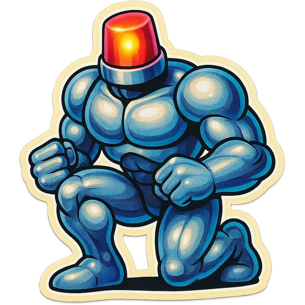 silver muscular robot with a red police light head, crouching, retro stickers style emoji