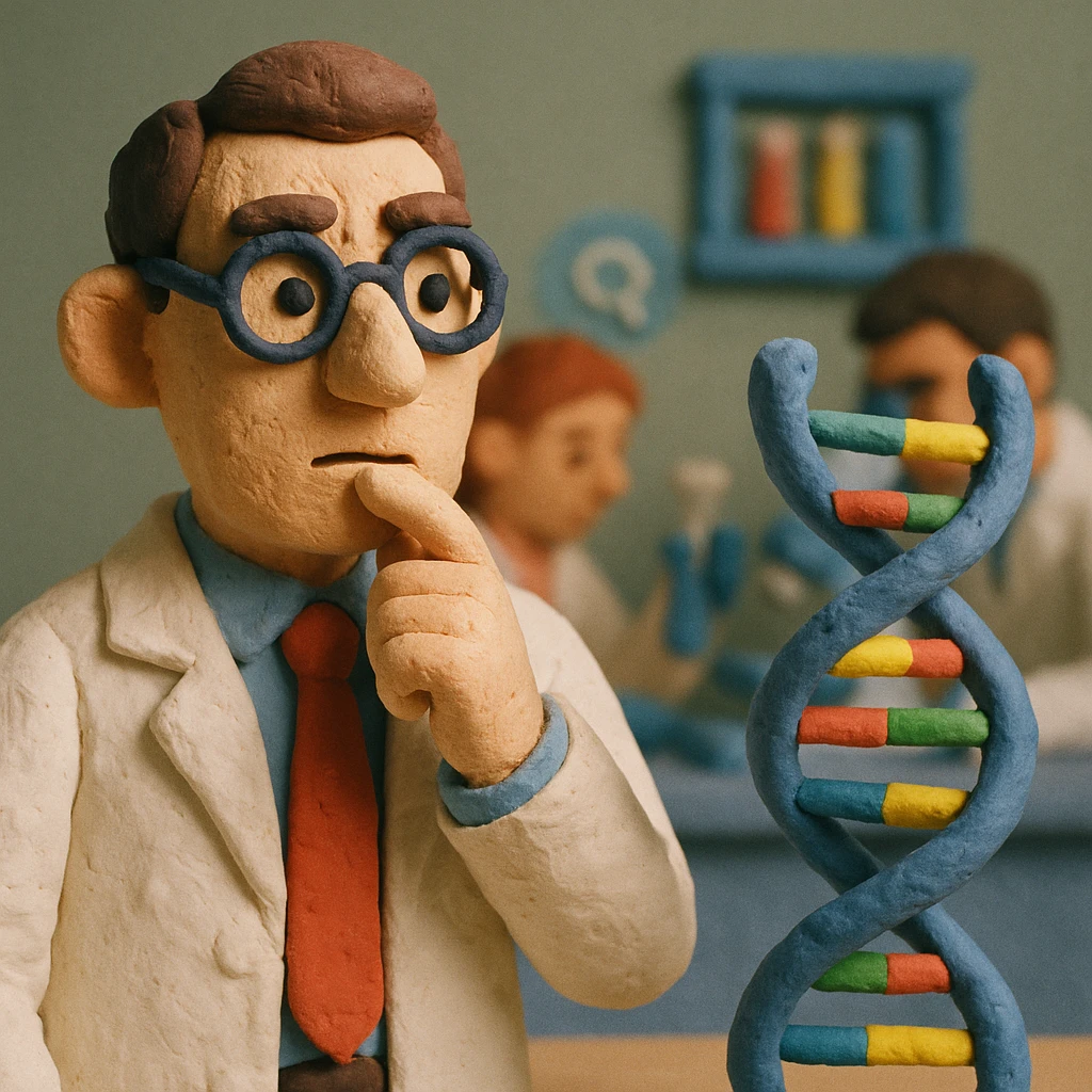 A modern day doctor thinking and studying DNA and genetics in a laboratory with other scientists emoji