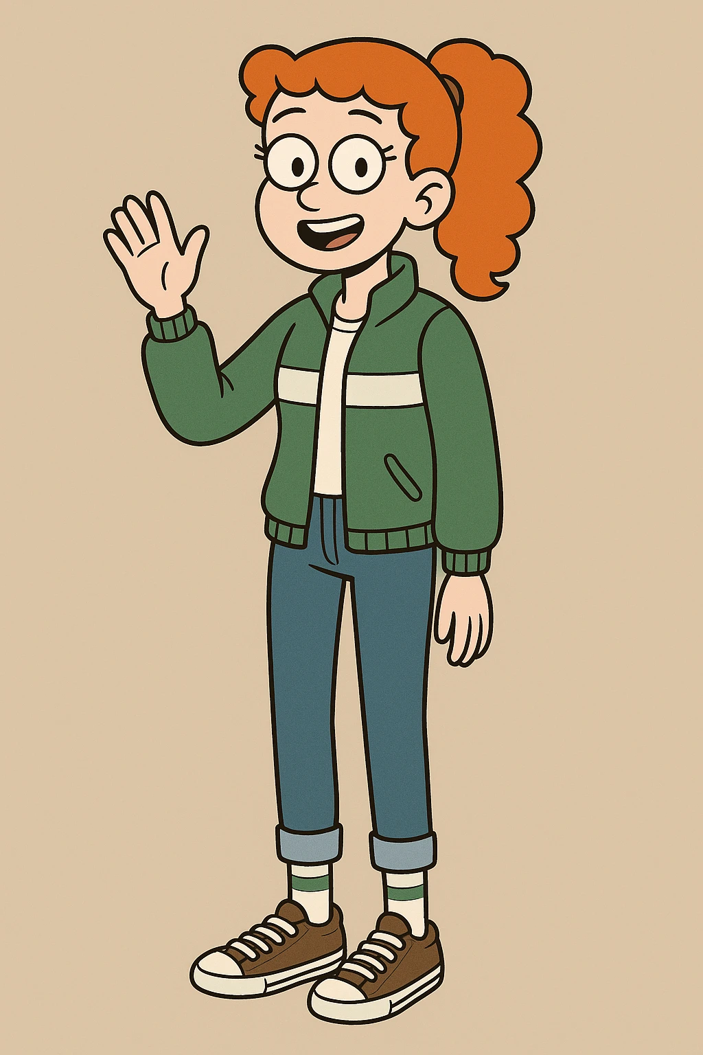 A girl Orange curly ponytail white green stripes ddre sshair jacket jeans blue sports striped socks brown converse women's chuck taylor all star shoreline slip on casual shoe wave and say hello emoji