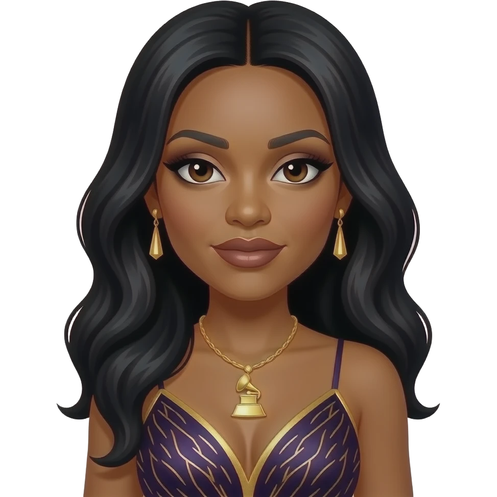 Tamara "Taj" Johnson from SWV with dark brown eyes, long black hair, dark brown eyeshadow and lipstick, dark purple and gold grammy dress, necklace and earrings emoji