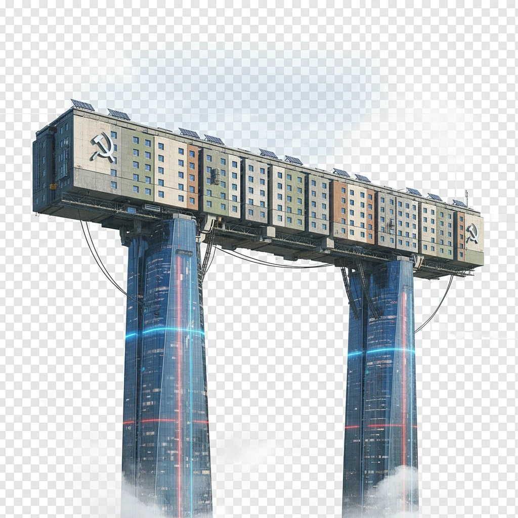 Удлиненная панелька в стиле, если бы ее строили в позднем СССР в 2025 году. Стоит на двух высоких небоскребах, которые как опоры держат ее на себе.

Фотореализм. Абсолютно прозрачный фон emoji