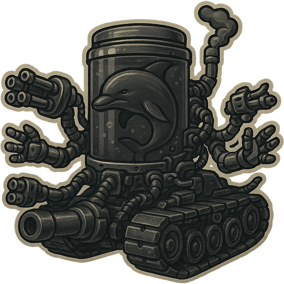 Create a retro sticker style image of a dolphin in a water tank mounted on tank treads, equipped with robotic arms with ranged weapons. The style should be less colorful, very menacing, and inspired by the gritty metallic look and mood of the attached skull tank image. No border around the sticker. emoji