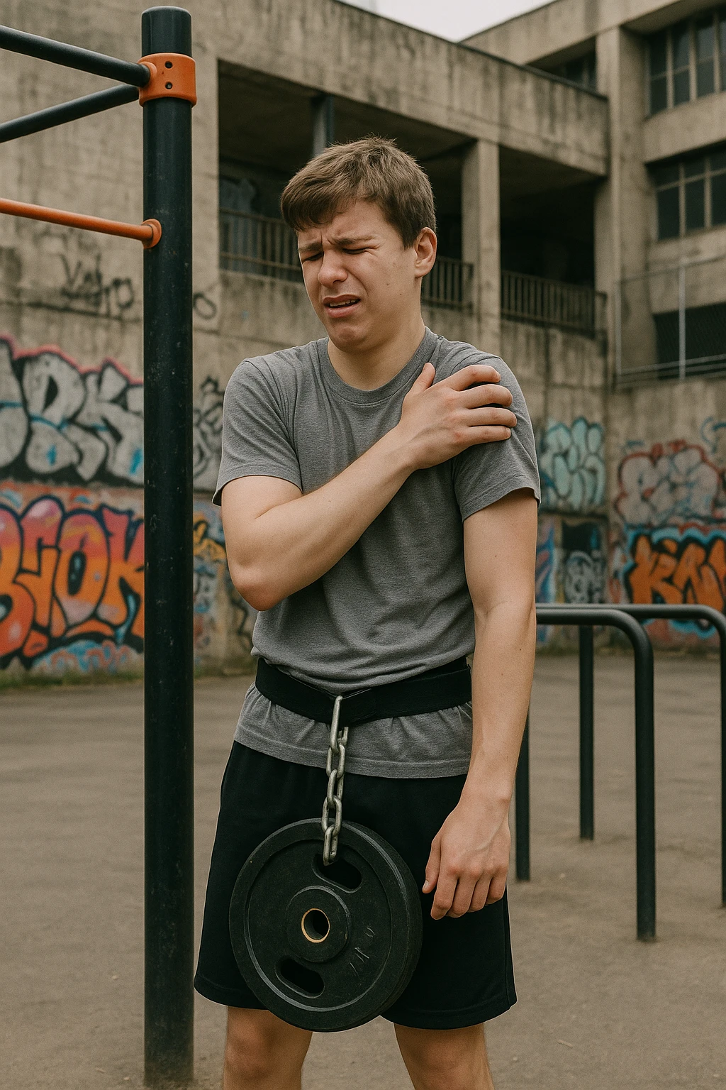 Giovane atleta neofita, fisico normale e non ancora sviluppato, si allena per la prima volta in uno spazio urbano per streetlifting: sbarra per trazioni, parallele, e pesi appesi alla cintura. Ma si è infortunato perchè non faceva le cose con la giusta tecnica. emoji