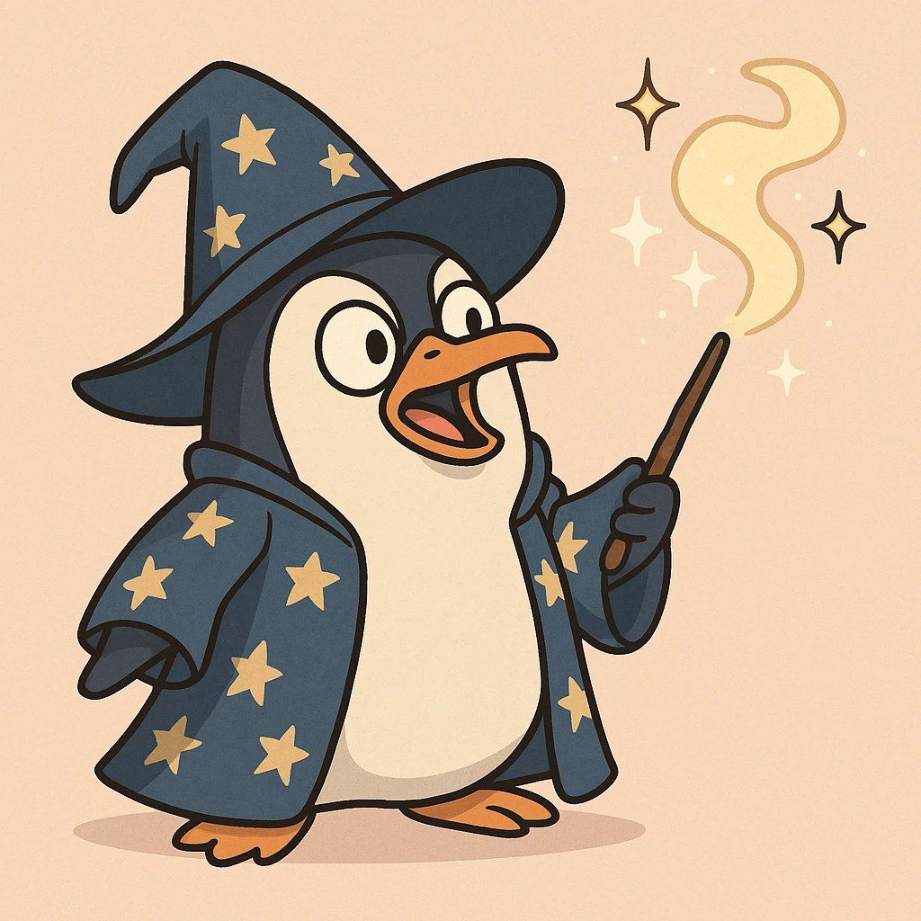 a penguin wizard casting a spell, with sparkles and a starry robe, cute cartoon style emoji