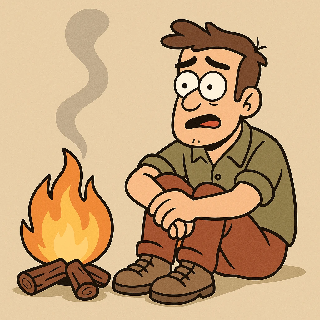 simple campfire with 2-3 logs and a stream of smoke rising from the fire, minimal and clear, clean and straightforward design emoji