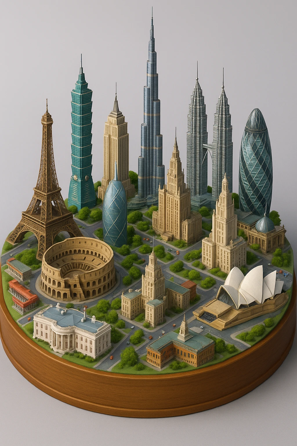 Оставь основу картинки - деревянную подставку, но при этом сгенерируй изометричную, яркая, детализированную и фотореалистичную модель где будет самые узнаваемые здания мира - Эмпайр Стейт Билдинг, Эйфелева башня, Колизей, Сиднейская опера, стадион Сан-Сиро, Белый Дом Пизанская башня, здание МГУ, Бурдж-Халифа, Башни Петронас, Небоскрёб Фостера в Лондоне, Рейхстаг, Тайбэй. Здания не должны повторять и должны быть на картинке в единственном экземпляре emoji