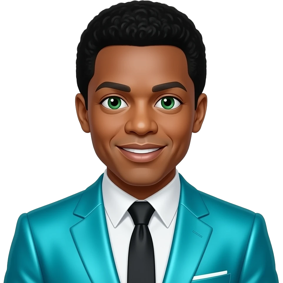 Smokey Robinson with green eyes, black hair, turquoise metallic suit jacket emoji