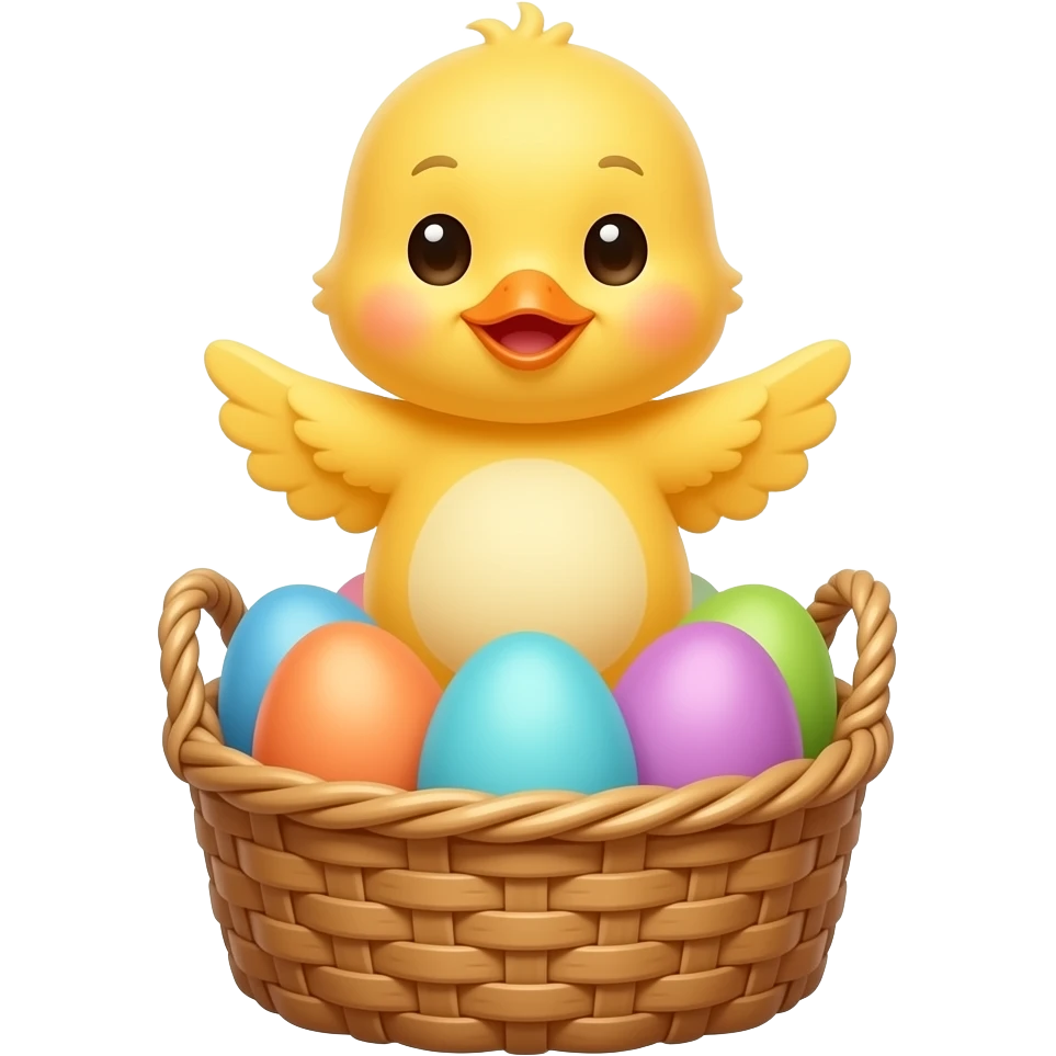 Yellow baby chic standing on basket full of pastel colored eggs emoji