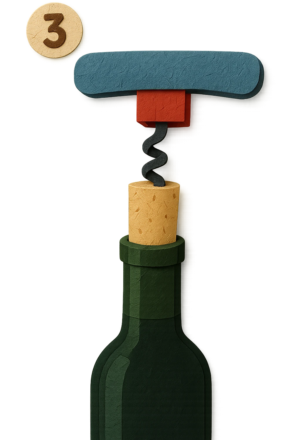 steel wine opening step 3: slowly pulling cork out, realistic dark green wine bottle color, no background emoji