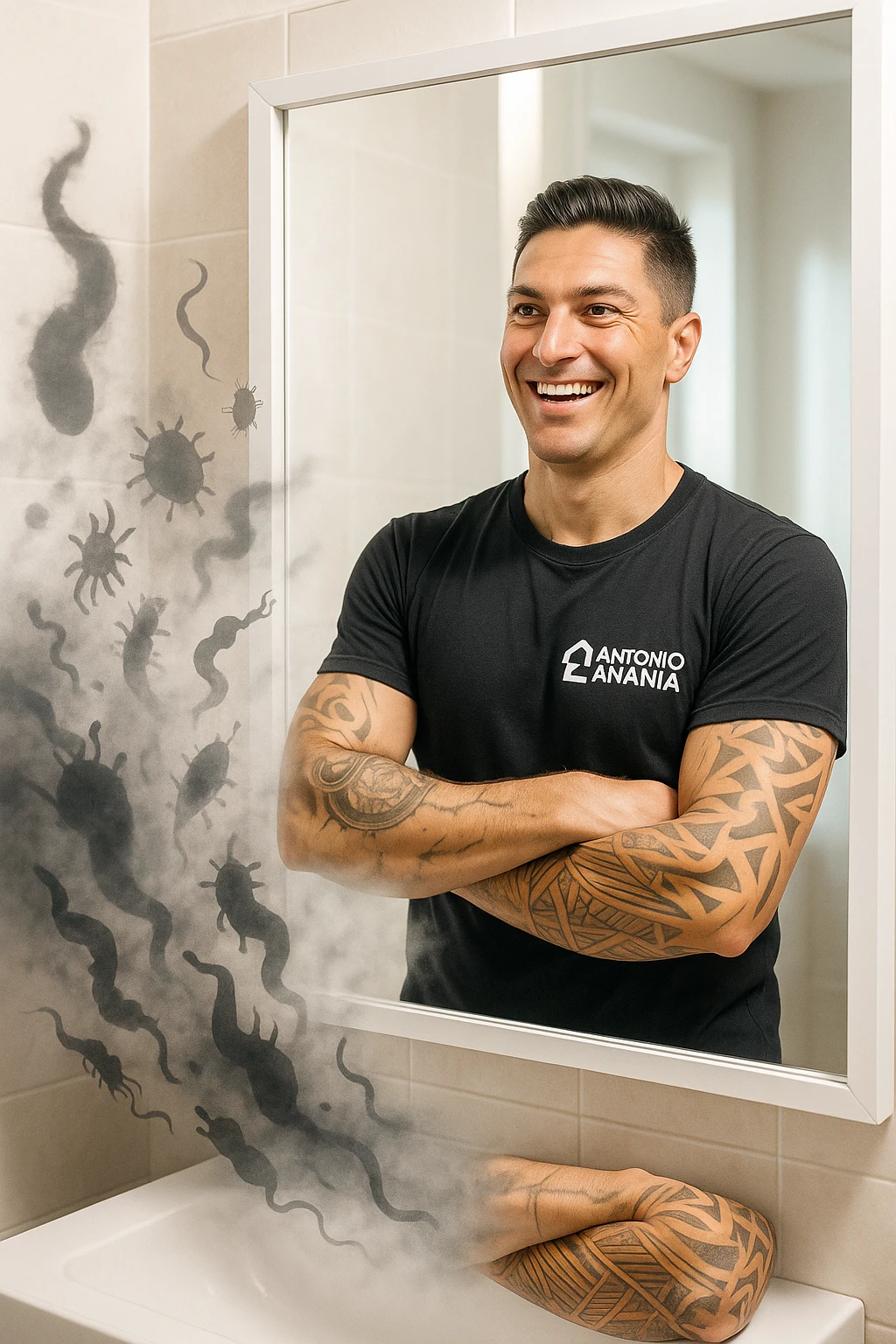 a man stands, looking relieved and revitalized as he examines his reflection in the mirror. In the foreground, stylized, shadowy images of parasites (such as worms or protozoa) are shown leaving his body, dissolving into mist or fading away. His posture is upright and his expression is one of newfound energy and health. emoji