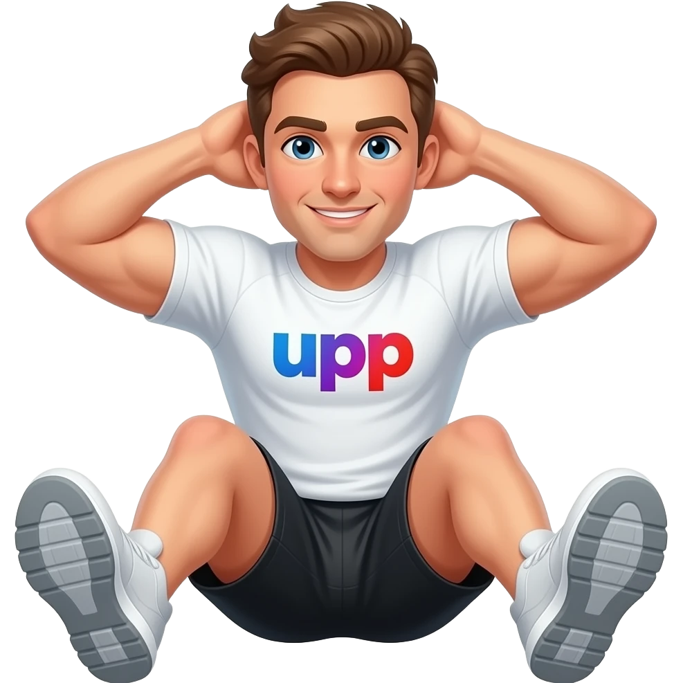 guy-wearing-all-white-workout-top-and-blakc-shorts-doing-sit ups with-_upp_-written-in-middle-of-his-shirt in blue purple red gradient DO NOT PUT yoga matt under him emoji