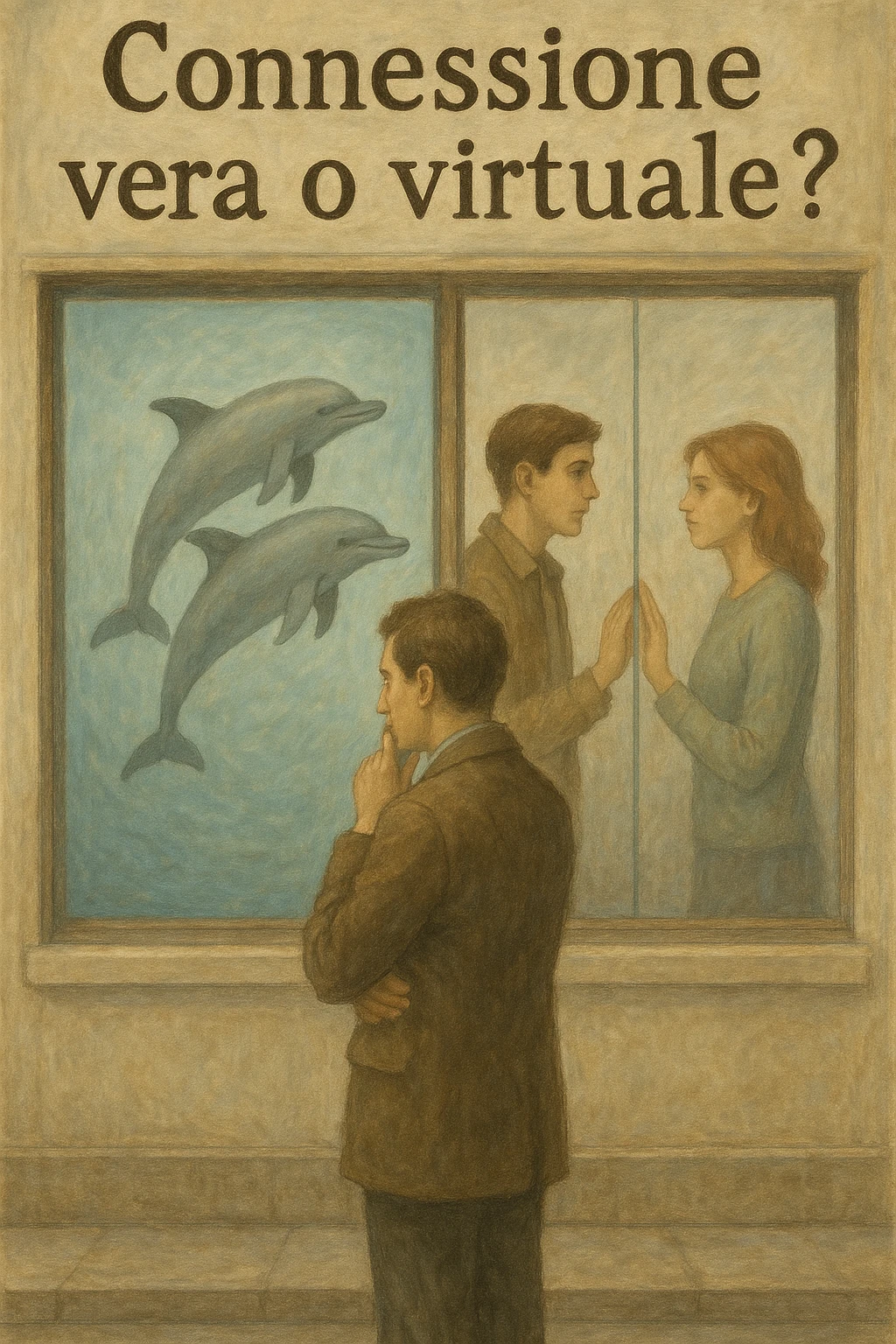 Vertical format: An Italian text 'Connessione vera o virtuale?' with a man reflecting in front of a shop window: on one side two dolphins swimming in sync, on the other side a human couple separated by a screen, symbolic and thoughtful. emoji