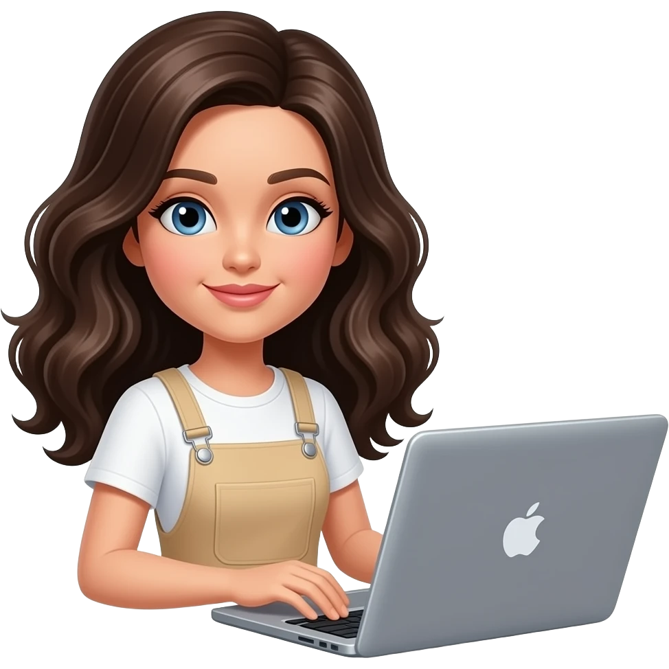 emoji ios barbie girl with dark brown wavy hair in white and beige clothes is working with grey macbook emoji