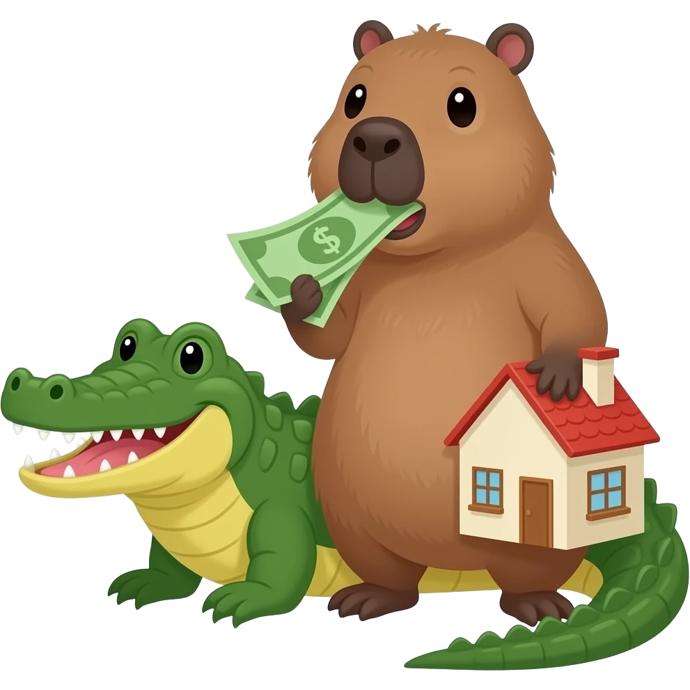 Capybara biting the tail of a crocodile than using a a 2 dollar bill to buy a house and have a family with crocodile emoji