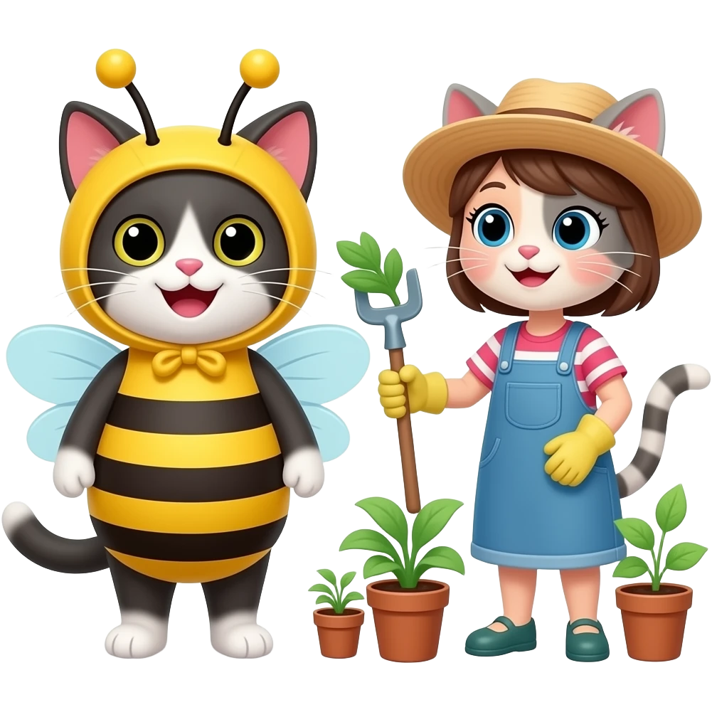 a happy cat dressed as a bee and a happy female cat gardening emoji
