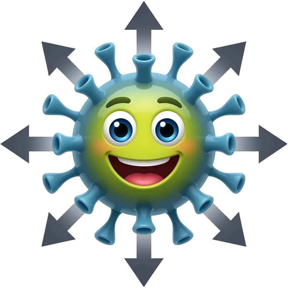 A vibrant virus with arrows around it to indicate pathophysiological mechanisms emoji