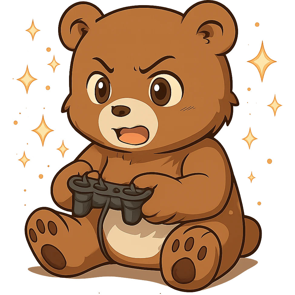 Add magical sparkles around the chibi bear playing video games. Keep the image with no background. emoji