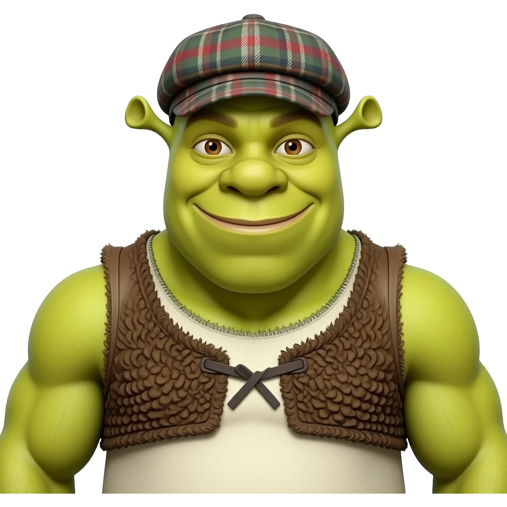 Shrek with tartan tweed cap and muscles emoji