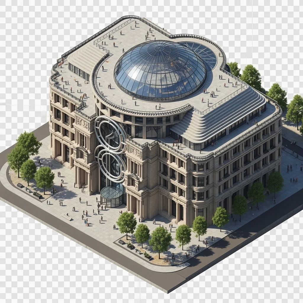 Isometric illustration of photorealistic Birmingham library highly detailed in semi-realistic, 3D miniature effect, transparent background. emoji