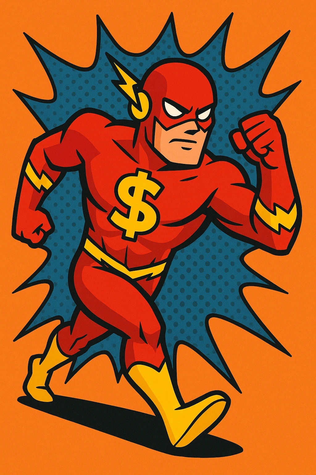 superhero in a dynamic pose inspired by The Flash, bold money symbol on chest, vibrant comic book style emoji