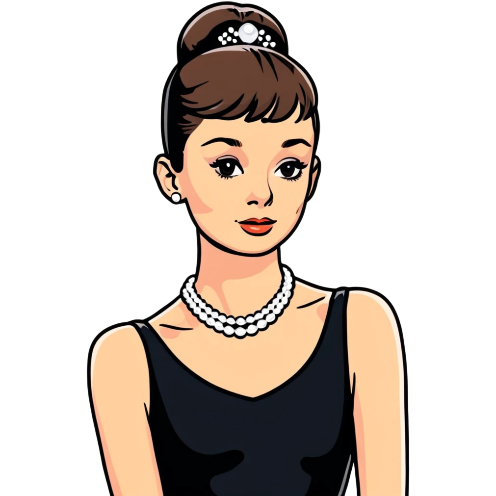 Audrey Hepburn glamorous portrait with iconic black dress and pearl necklace emoji