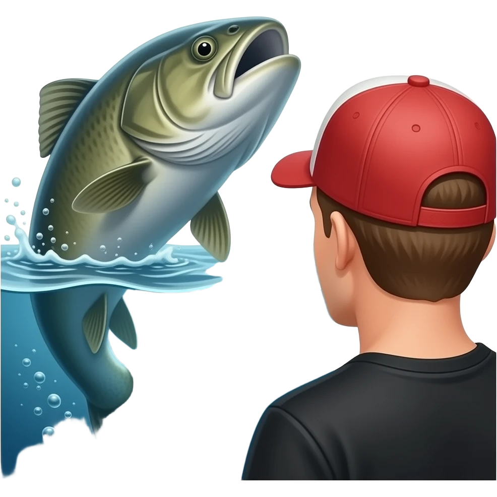a guy with  a red and white hat on with a black shirt looking into the river at a huge fish he lost swimming away emoji