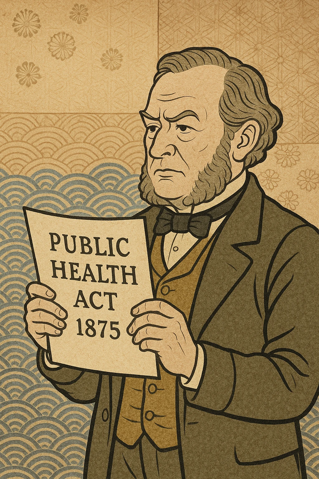 Victorian politician holding a piece of paper saying Public Health Act 1875 emoji